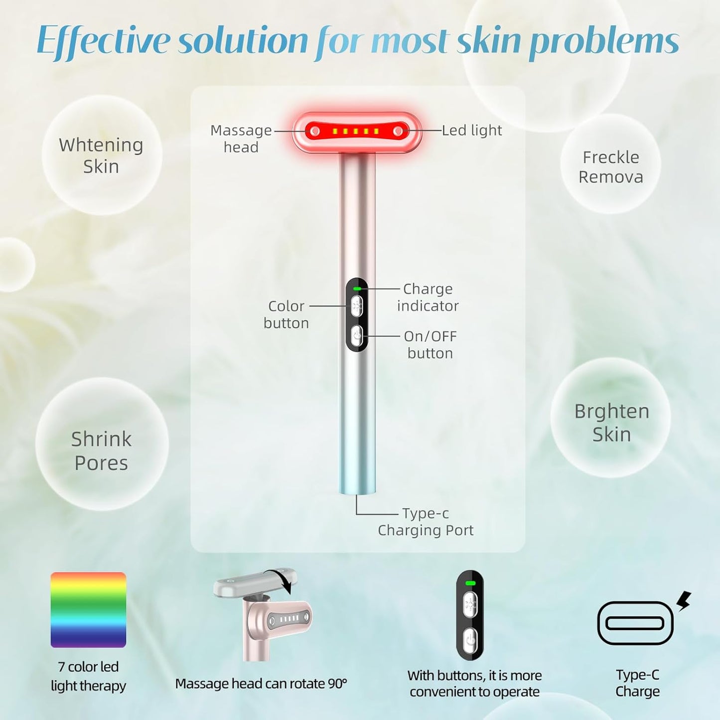 Led-Face-Wand,7 in 1 LED Light Therapy Facial Red & Blue Rejuvenation Tool