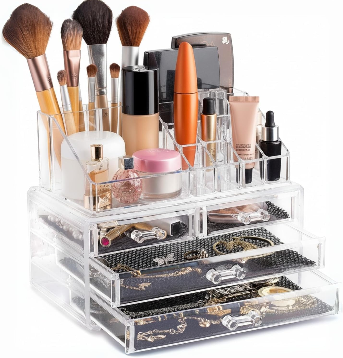 Clear Makeup Organizer – 16-Compartment Cosmetic and Jewelry Holder, 4-Drawer Vanity Storage, Elegant Clear Design for Makeup and Accessories