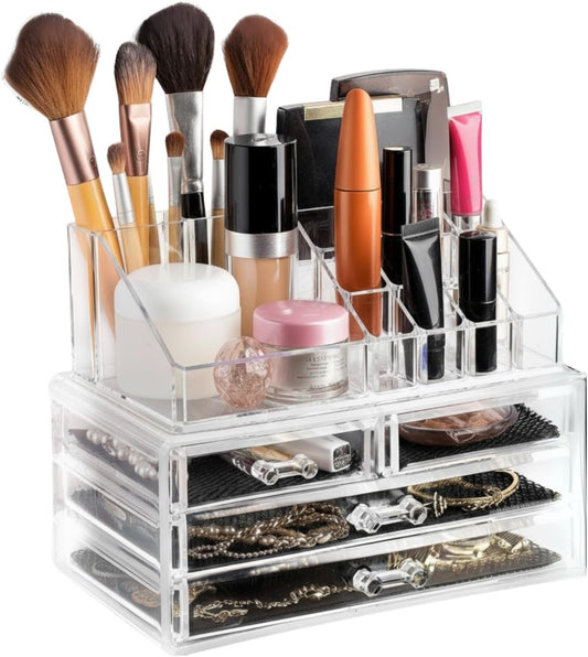 Clear Makeup Organizer – 16-Compartment Cosmetic and Jewelry Holder, 4-Drawer Vanity Storage, Elegant Clear Design for Makeup and Accessories